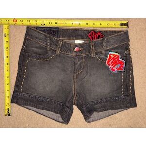 Chick by Nicky Hilton Dark Gray Denim Shorts Y2K Skull Size 27 Low Rise T03-26
